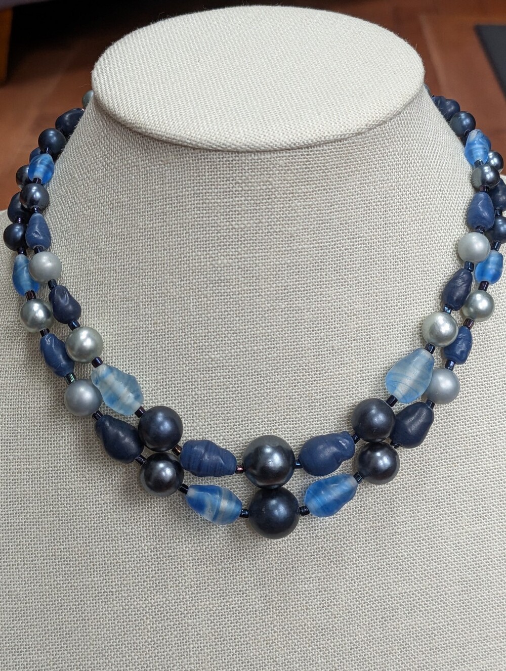 Japan Vintage 2 Strand Glass and Acrylic Blue Mid-century Necklace